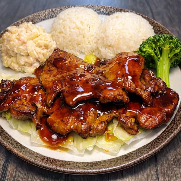 Hana Hawaiian BBQ plate with glistening teriyaki chicken, two scoops of rice, macaroni salad, and broccoli.