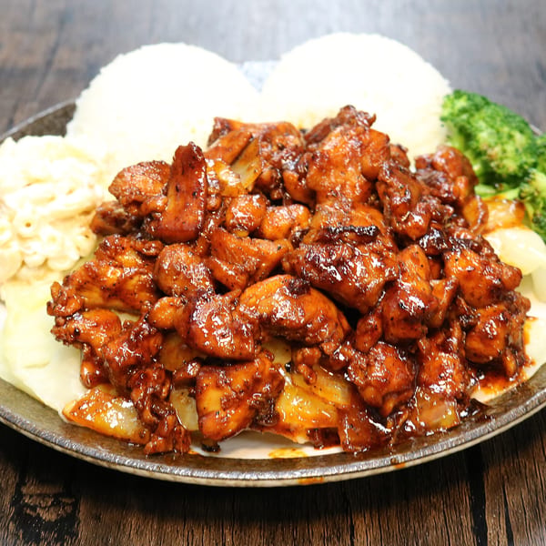 Hana Hawaiian BBQ plate with glistening dark chicken, white rice, macaroni salad, and broccoli.