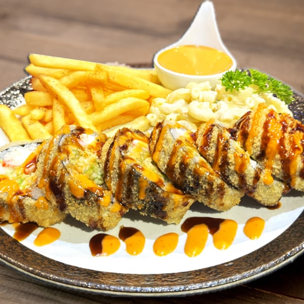 Hana Hawaiian BBQ's deep-fried sushi roll with fries, mac and cheese, and dipping sauces.