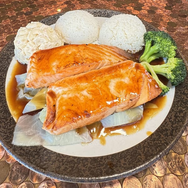 Two pieces of grilled salmon with rice, macaroni salad, and broccoli on a plate.